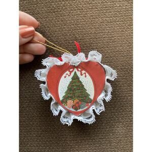 Handmade Red Wooden Heart Decoration Christmas Tree Ribbon White Ornament Cute